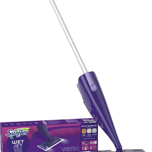 Swiffer WetJet Hardwood and Floor Spray Mop Cleaner Starter Kit, Includes: 1 Power Mop, 10 Pads, Cleaning Solution, Batteries, 16 Piece Set, Purple