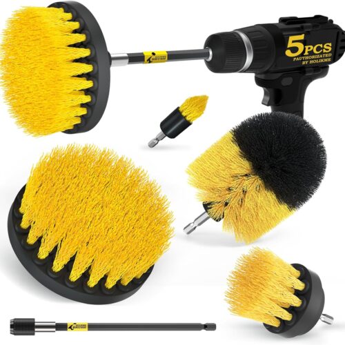 Holikme 5Pack Drill Brush Power Scrubber Cleaning Brush Extended Long Attachment Set All Purpose Scrub Brushes Kit for Grout, Floor, Tub, Shower, Tile, Bathroom and Kitchen Surface，Yellow